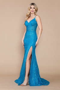 LA Merchandise LAY9400 Sexy Long Sequined Open Back Glitter Prom Dress - TURQUOISE - LA Merchandise