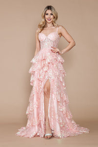 LA Merchandise LAY9410 Floral Lace Embellished Ruffled Evening Gown - BLUSH - LA Merchandise