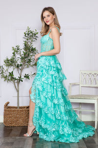 LA Merchandise LAY9410 Floral Lace Embellished Ruffled Evening Gown - - LA Merchandise