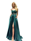 Cargar imagen en el visor de la galería, LAHL2861L Wholesale Long Satin Corset Prom Dress with Beaded Sheer Bodice Pockets &amp; Lace-Up Back - HUNTER GREEN - Long Formal Dress LAH