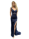 Load image into Gallery viewer, LAHTL3043C Wholesale Off-Shoulder Beaded Corset with Sheer Boned Bodice Fringe Sleeves &amp; Slit - NAVY - Long Formal Dress LAH