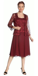A chiffon quarter sleeve lace short mother of bride dress- SF8485 - Burgundy - LA Merchandise