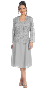 A chiffon quarter sleeve lace short mother of bride dress- SF8485 - Silver - LA Merchandise