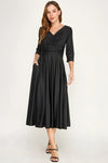 Load image into Gallery viewer, LAF3127 Wholesale Mother of the Bride Ruched V-Neck Midi Dress with 3/4 Sleeves and Pockets - BLACK - Mother of the Bride Dress LAF