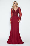 Load image into Gallery viewer, Formal Dress V-Neck Beaded Sheath Long Sleeve Evening Gown By LAF8323 - BURGUNDY - Dress LAF
