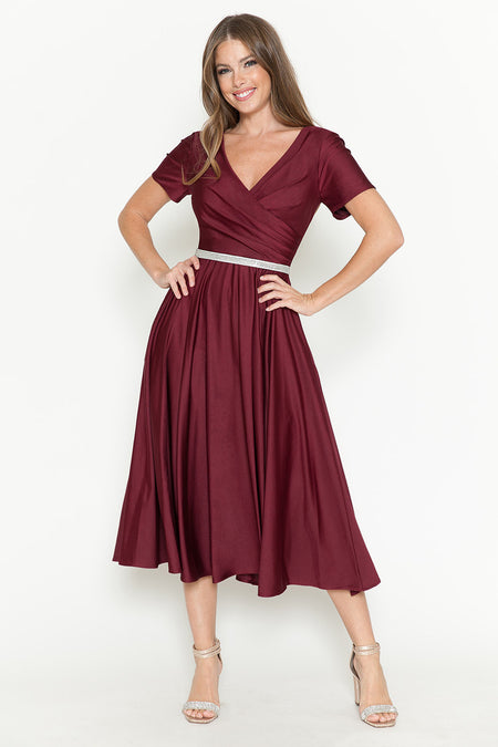 LA Merchandise LAF5274 V-Neck Short Sleeve Midi Dress with Rhinestone Waistband and Pockets