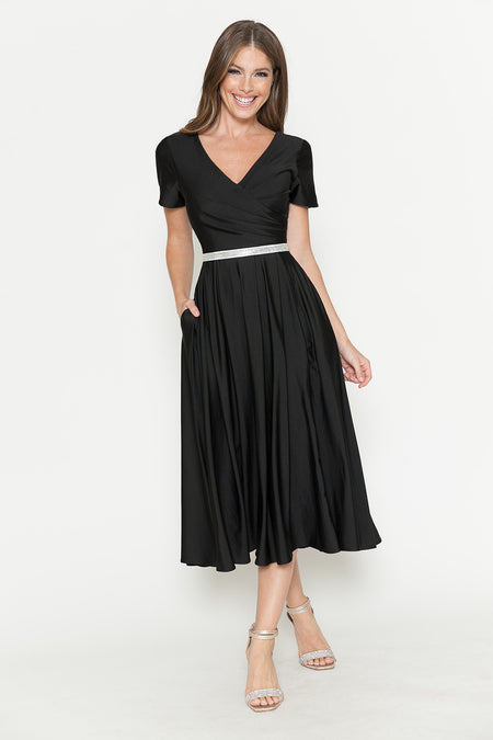 LA Merchandise LAF5274 V-Neck Short Sleeve Midi Dress with Rhinestone Waistband and Pockets