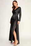 Load image into Gallery viewer, LAF3129 Wholesale Long Sleeve Satin Wrap Gown with Slit Ruched Surplice V-Neck Maxi Dress