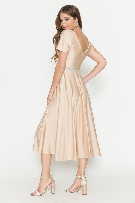 LA Merchandise LAF5274 V-Neck Short Sleeve Midi Dress with Rhinestone Waistband and Pockets