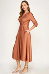 Load image into Gallery viewer, LAF3127 Wholesale Mother of the Bride Ruched V-Neck Midi Dress with 3/4 Sleeves and Pockets - - Mother of the Bride Dress LAF