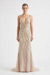 Load image into Gallery viewer, Pearl Beaded Mermaid Prom Dress V-Neck Spaghetti Strap Lace-Up Back Formal Evening Gown by CT-2687 - GOLD - Prom Dress FDS