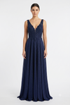Load image into Gallery viewer, Beaded Lace Prom Gown with Illusion Neckline and Cap Sleeves A-Line Evening Dress by CT-2698 - NAVY - Prom Dress La Merchandise