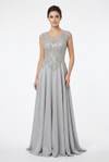 Load image into Gallery viewer, Beaded Lace Cap Sleeve Illusion Neckline Floor Length A-Line Formal Dress with by CT-2706 - SILVER - Prom Dress La Merchandise