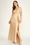 Load image into Gallery viewer, LAF3129 Wholesale Long Sleeve Satin Wrap Gown with Slit Ruched Surplice V-Neck Maxi Dress