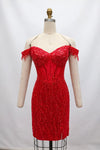 Load image into Gallery viewer, LAHTS3050C Wholesale Off-Shoulder Beaded Corset Homecoming Dress with Fringe Sleeves - - Short Cocktail Dress LAH