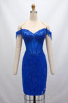 Load image into Gallery viewer, LAHTS3050C Wholesale Off-Shoulder Beaded Corset Homecoming Dress with Fringe Sleeves - - Short Cocktail Dress LAH