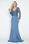 Load image into Gallery viewer, Formal Dress V-Neck Beaded Sheath Long Sleeve Evening Gown By LAF8323 - DENIM BLUE - Dress LAF