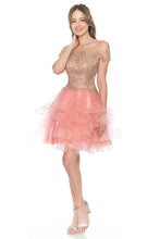 Load image into Gallery viewer, Wholesale Short Off-Shoulder Tulle Dress with Gold Embroidered Bodice By LAF8151
