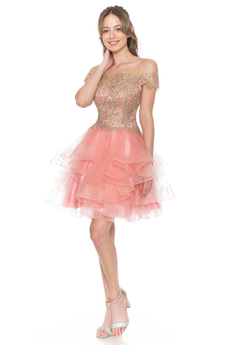 Wholesale Short Off-Shoulder Tulle Dress with Gold Embroidered Bodice By LAF8151