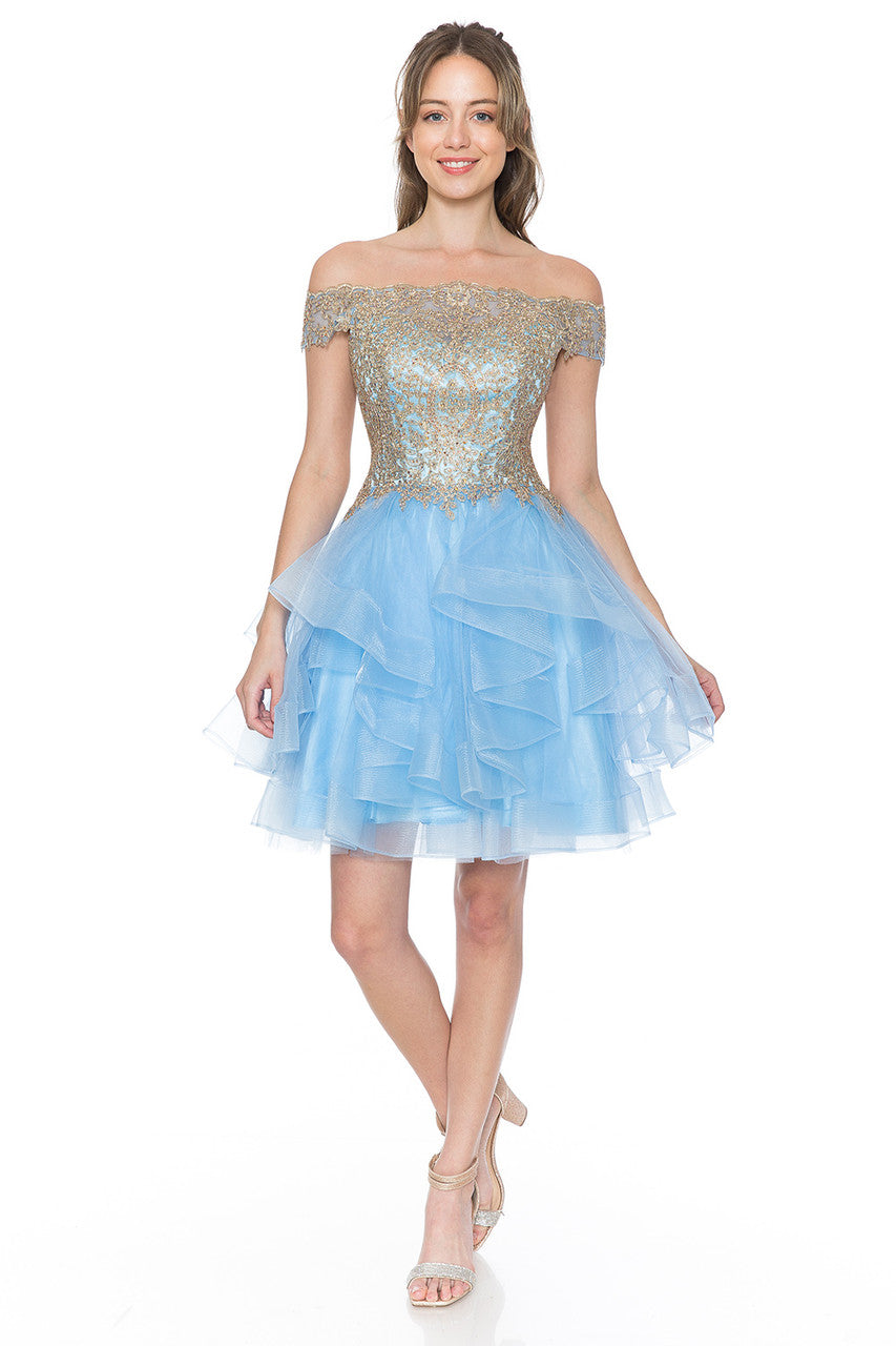 Wholesale Short Off-Shoulder Tulle Dress with Gold Embroidered Bodice By LAF8151