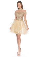 Load image into Gallery viewer, Wholesale Short Off-Shoulder Tulle Dress with Gold Embroidered Bodice By LAF8151