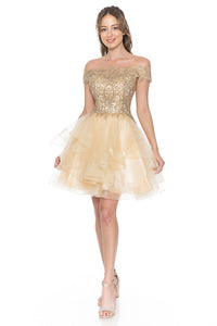 Wholesale Short Off-Shoulder Tulle Dress with Gold Embroidered Bodice By LAF8151