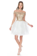 Load image into Gallery viewer, Wholesale Short Off-Shoulder Tulle Dress with Gold Embroidered Bodice By LAF8151