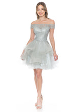Load image into Gallery viewer, Wholesale Short Off-Shoulder Tulle Dress with Gold Embroidered Bodice By LAF8151