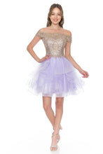 Load image into Gallery viewer, Wholesale Short Off-Shoulder Tulle Dress with Gold Embroidered Bodice By LAF8151