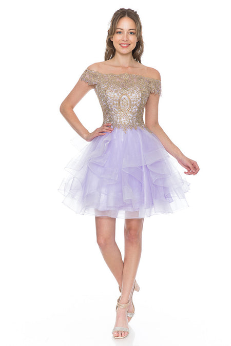 Wholesale Short Off-Shoulder Tulle Dress with Gold Embroidered Bodice By LAF8151