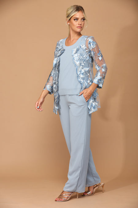 LA Merchandise LAV3426 3-Piece Mother of the Bride Pantsuit with Sheer Floral Jacket Elegant Evening Set