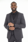 Load image into Gallery viewer, Charcoal 3-Piece Shawl Lapel Tuxedo Suit Slim Fit Jacket, Vest &amp; Expandable Pants Stretch