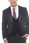 Load image into Gallery viewer, Black 3-Piece Peak Lapel Tuxedo Suit with Double Breasted Vest and Expandable Pants Slim Fit