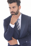 Load image into Gallery viewer, Navy 3-Piece Peak Lapel Tuxedo Suit with Double Breasted Vest and Expandable Pants Slim Fit