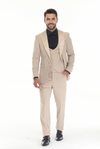 Load image into Gallery viewer, Tan 3-Piece Peak Lapel Tuxedo Suit with Double Breasted Vest and Expandable Pants Slim Fit