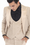 Load image into Gallery viewer, Tan 3-Piece Peak Lapel Tuxedo Suit with Double Breasted Vest and Expandable Pants Slim Fit