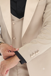 Load image into Gallery viewer, Tan 3-Piece Peak Lapel Tuxedo Suit with Double Breasted Vest and Expandable Pants Slim Fit