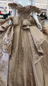 Load image into Gallery viewer, Off-Shoulder Crystal Beaded Corset Organza Ruffle Ball Gown Quinceañera Dress by LA307