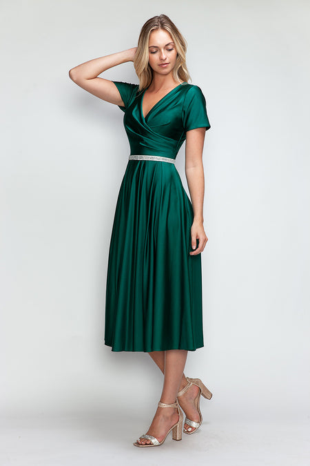 LA Merchandise LAF5274 V-Neck Short Sleeve Midi Dress with Rhinestone Waistband and Pockets