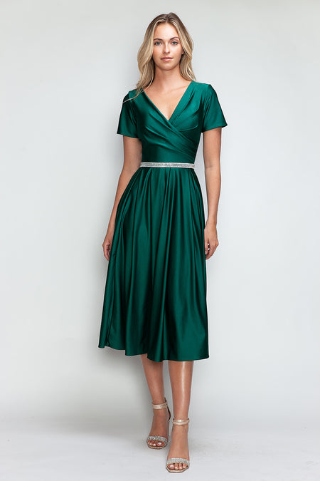 LA Merchandise LAF5274 V-Neck Short Sleeve Midi Dress with Rhinestone Waistband and Pockets