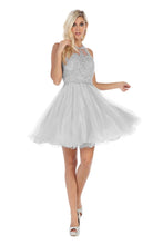 Load image into Gallery viewer, Halter lace applique &amp; rhinestone short sassy mesh dress- LA1643 - Silver - LA Merchandise