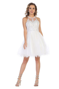 Halter lace applique & rhinestone short sassy mesh dress- LA1643 - White - LA Merchandise