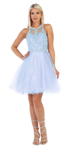 Halter lace applique & rhinestone short sassy mesh dress- LA1643 - Baby/Blue - LA Merchandise