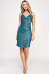 Cargar imagen en el visor de la galería, LAF3099 Wholesale Metallic Glitter V-Neck Wrap Dress Ruched Bodycon Short Homecoming Dress - HUNTER GREEN - Short Cocktail Dress LAF