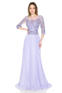 Pleated A-Line Dress with Lace Bodice & 3/4 Sleeves for Formal Events By LAF8145