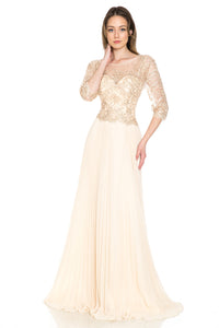 Pleated A-Line Dress with Lace Bodice & 3/4 Sleeves for Formal Events By LAF8145