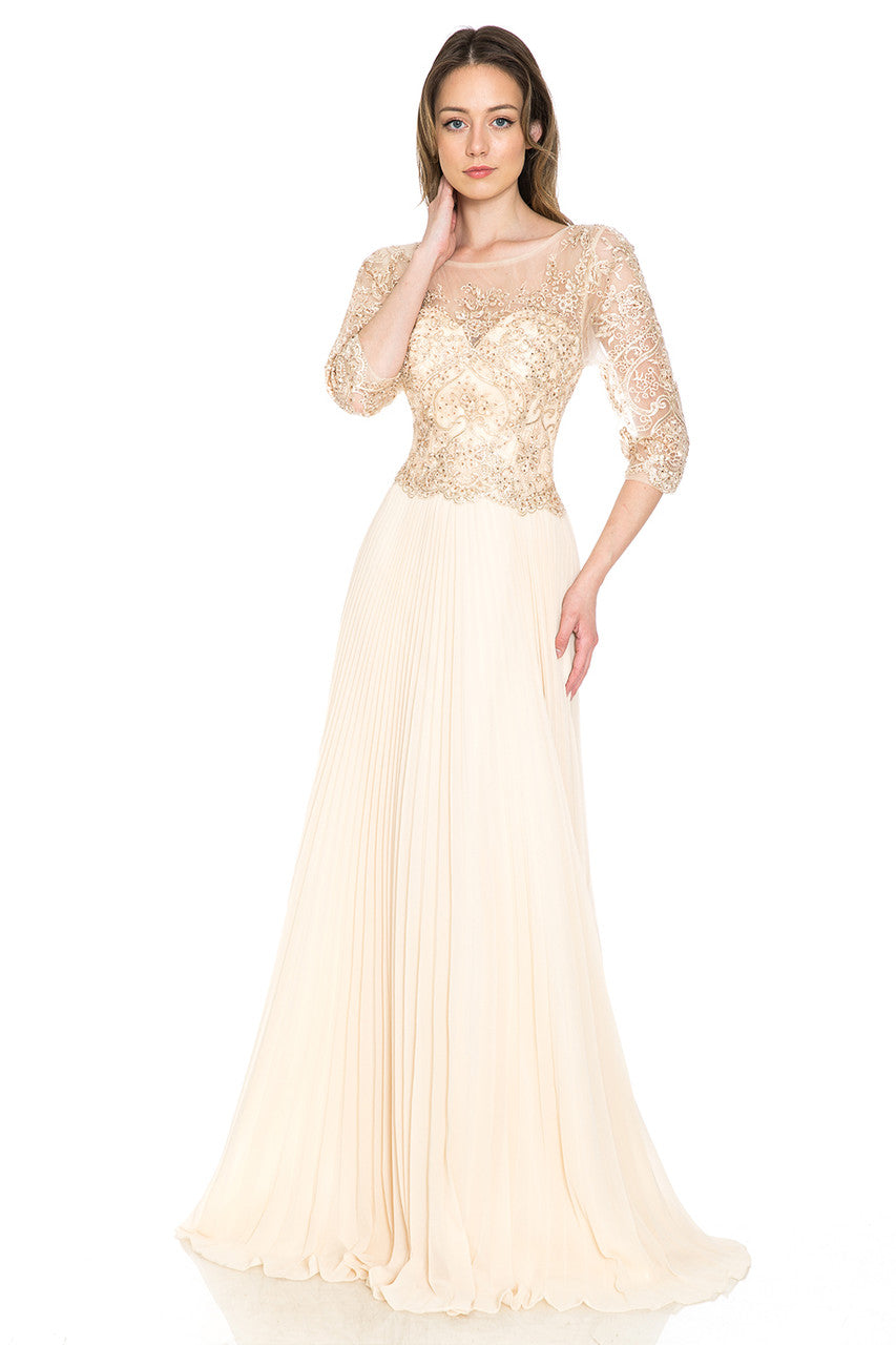 Pleated A-Line Dress with Lace Bodice & 3/4 Sleeves for Formal Events By LAF8145