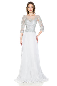 Pleated A-Line Dress with Lace Bodice & 3/4 Sleeves for Formal Events By LAF8145