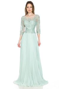 Pleated A-Line Dress with Lace Bodice & 3/4 Sleeves for Formal Events By LAF8145