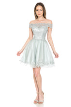 Load image into Gallery viewer, Off-Shoulder Embroidered Bodice Short Tulle Dress with Scalloped Neckline for Special Events By LAF8124